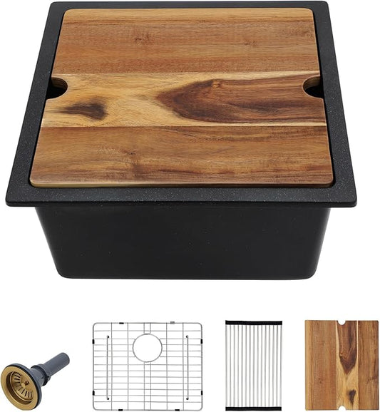 18 Undermount Bar Sink Workstation - Fulorni 18"x18" Undermount Wet Bar Sink Matte Black Granite Composite Quartz Classic Single Bowl Under Counter Small Kitchen Bar Prep RV Sink Basin