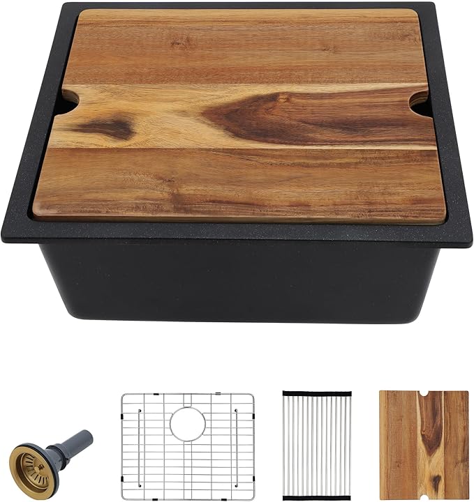 21 Undermount Bar Sink Workstation - Fulorni 21"x18" Undermount Wet Bar Sink Matte Black Granite Composite Quartz Classic Single Bowl Under Counter Small Kitchen Bar Prep RV Sink Basin