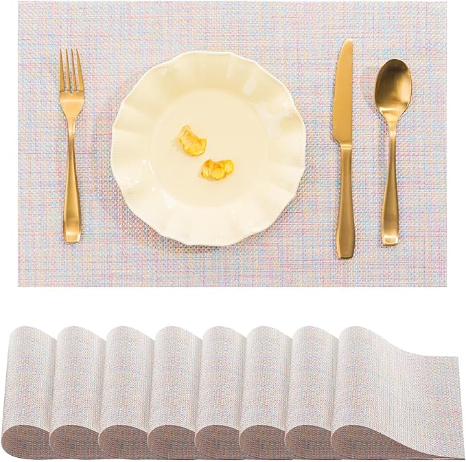 BACKTOEDEN Placemats Set of 8 Heat Resistant Washable Wipeable Placemat Woven Non-Slip Foldable Vinyl/Plastic Place Mats Indoor/Outdoor Mat Kitchen Dining Table Pad, Bright Silk Colorful