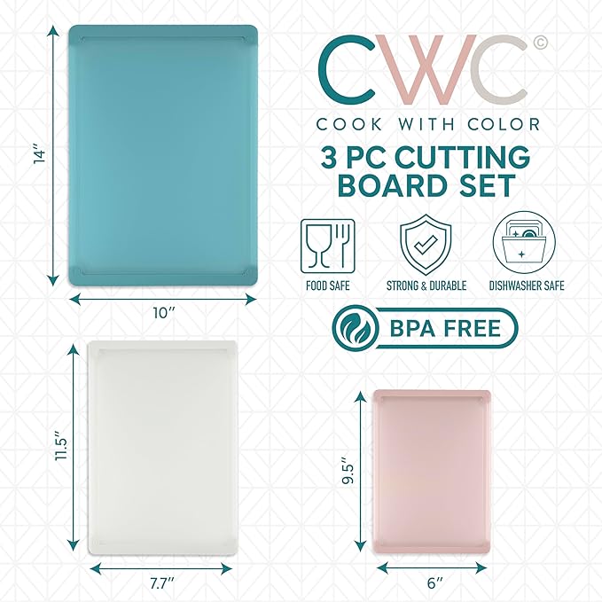COOK WITH COLOR Extra Large Cutting Board Set, Jumbo-Sized Boards with Rubber Border for Enhanced Cooking Experience, 3-Piece, Teal