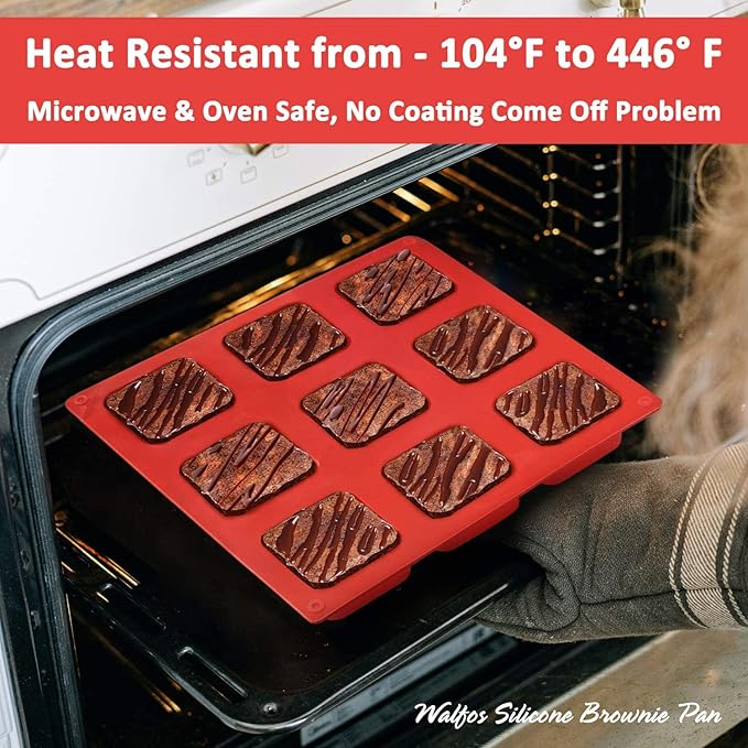 Walfos Silicone Brownie Pan, 9-Cavity Non-stick Square Baking Pan, Perfect for Brownies, Cornbread, Muffin and Cakes, BPA Free and Dishwasher Safe