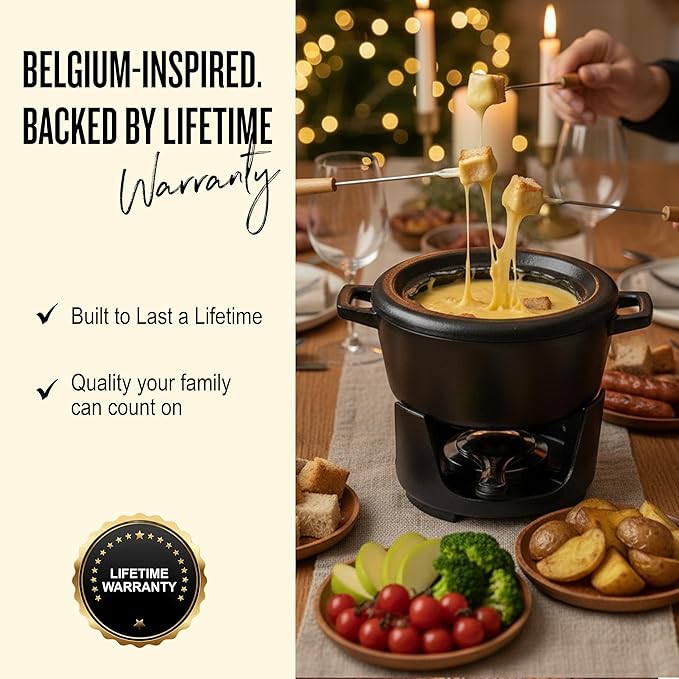Alva Nori Cast Iron 2-Qt Fondue Pot Set – Made With No PTFE/PFOA/PFAS, Oven Safe – Works on Induction – 3-Layer Enamel, Easy to Clean, No Seasoning Needed – Includes 8 Forks, Burner & Stand