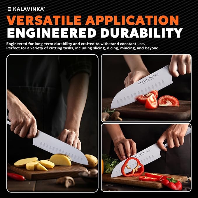 7" Professional Santoku Knife, Ultra Sharp German Steel Blade, Balanced Grip, Ideal for Chopping and Mincing, Gifted Sheath, Great for Cookouts (VENDANA)