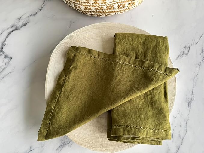 Hemstitched Linen Napkins – 20 Inch x 20 Inch – Stonewashed Pure Linen Cloth Dinner Napkins with Mitered Corners - 100% French Flax – Machine Washable - Set of 4 (Olive Green)