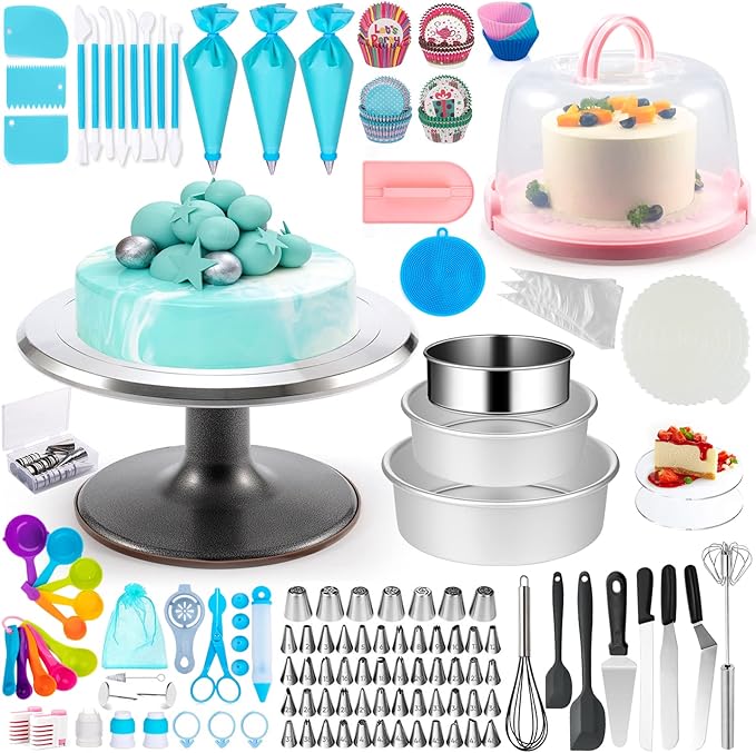 Aluminum Alloy Revolving Cake Stand & Carrier - 268PCS Kit with 54 Piping Tips, Acrylic Cake Discs, Various Spatulas