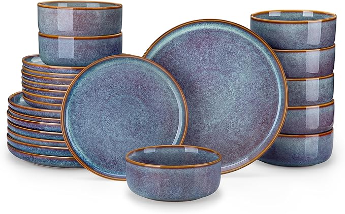 vancasso PLAYA Plates and Bowls Sets, 24 Pieces Grey-Blue Dinnerware Sets for Kitchen, Reactive Glaze Dishes Set for 8, Dishwasher and Microwave Safe