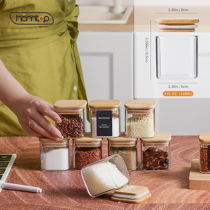 12Pcs 4oz Spice Jars with 275 Labels, Small Seasoning Glass Container Empty Organizer with Bamboo Lid Set for Pepper, Salt, Sugar