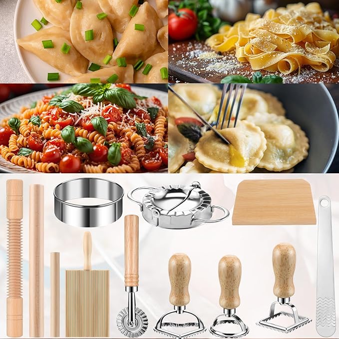 11 Pcs Pasta Making Tools Kit - Includes Wooden Gnocchi Board with Ravioli Stamp Cutter, Threaded Rolling Pin, Dumpling and Pasta Maker - Gift for Homemade kitchen Baking Lovers
