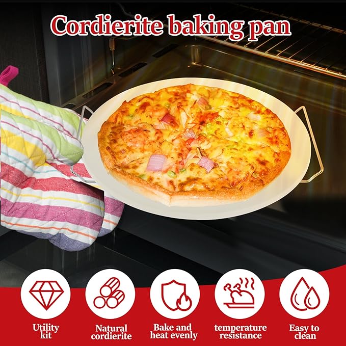 13 Inch Round Pizza Stone Pan, Heat Resistant Pizza Stone Baking Tray with Pizza Roller, Heavy Duty Cordierite Pizza Cooking Pan, Easy to Clean Baking Tool Set Suitable for Pizzas