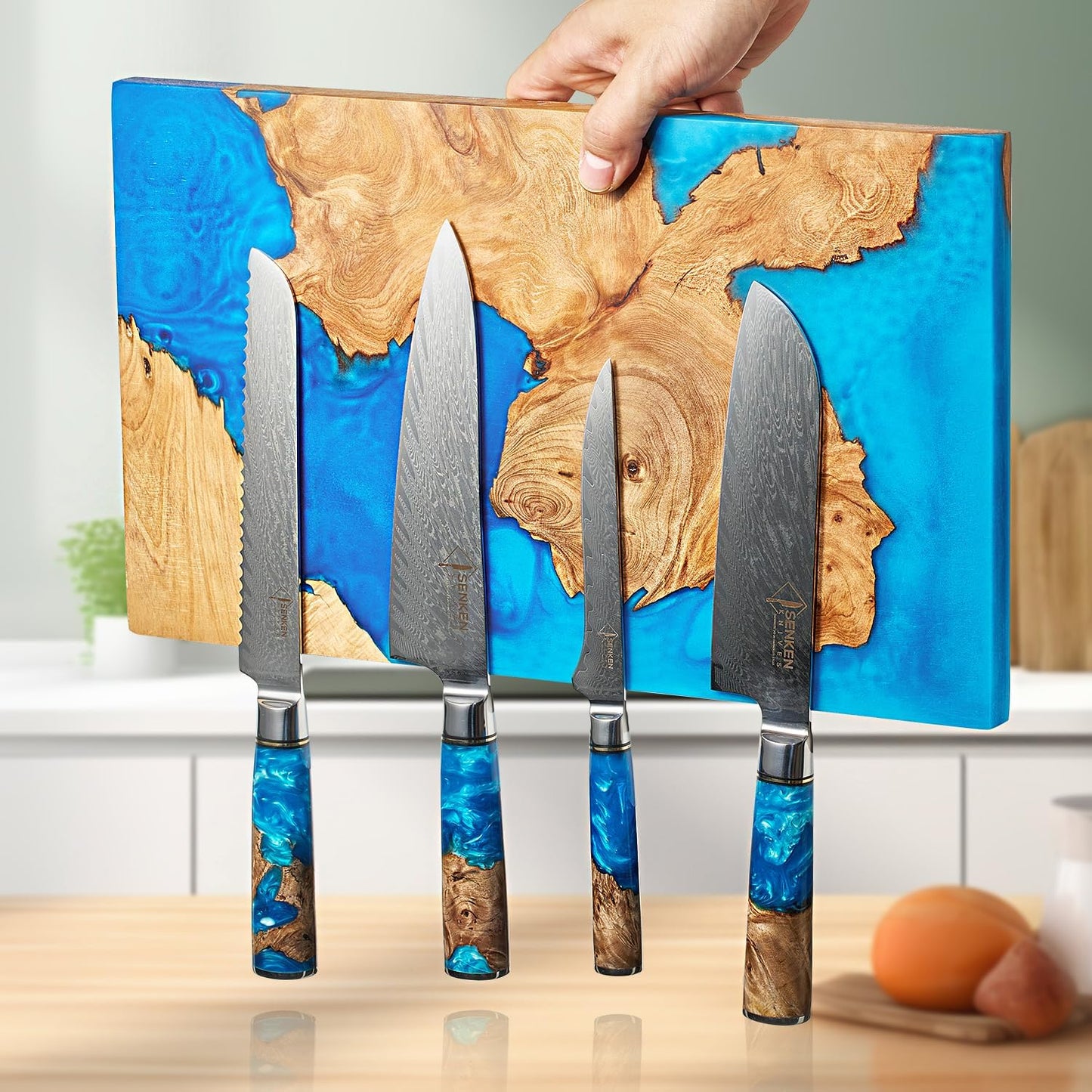 SENKEN "Tsunami" Extra Large Magnetic Knife Block - Holds Up to 16 Knives - Knife Block without Knives, Universal Knife Holder, Beautiful Blue Resin & Natural Wood Blend ("Tsunami" Blue Resin Blend)