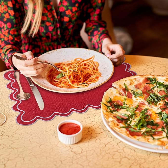 12 Set Linen Placemat 13x19 Wavy Embroidery Scalloped Placemat Double Layered Washable Farmhouse Dinner Table Mat Fabric Napkin for Christmas Hotel Restaurant Wedding Party(Red)