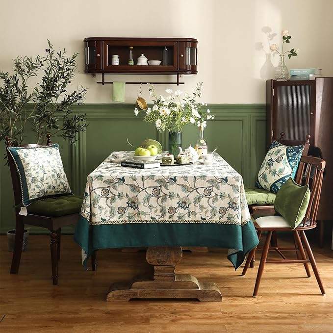 patdrea Designer Floral Linen Table Cloth French Durable Breathable Table Cover Decoration Kitchen Dining Tablecloth for Rectangle Tables for Kitchen Dining Christmas,Holiday,Patio,55"x 87"