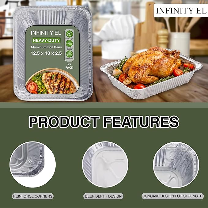INFINITY EL Disposable Aluminum Foil Pans 25 Pack | Half Size 12.5" x 10" x 2.5" Deep Disposable Baking Pan | Heavy Duty Aluminum Foil Pan for Roasting Turkey, Lasagna, Thanksgiving, Christmas, Party
