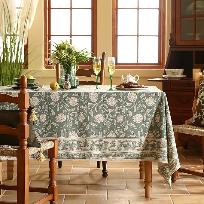 Grayish Green Rectangular Tablecloth,Linen Table Cloth with Light White Flowers Pattern,Durable Table Cover for Dining Thanksgiving Kitchen Decor Party Banquet Christmas,63"*102"