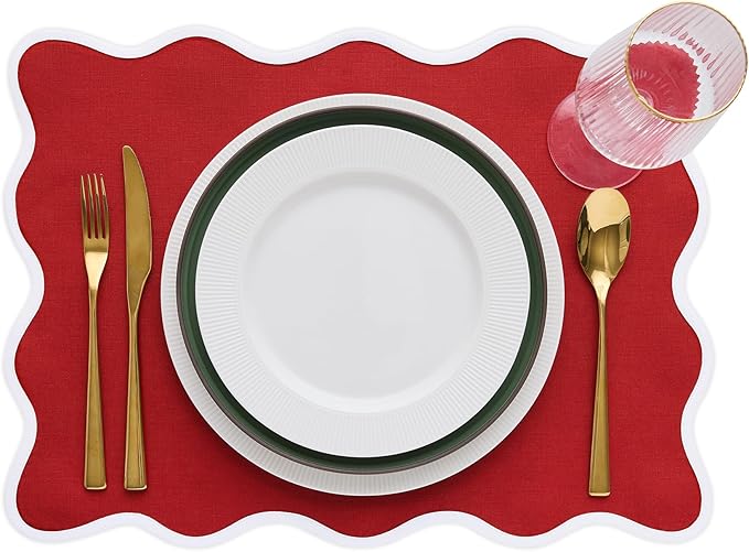 Solino Home Scallop Cloth Placemats Set of 4-100% Pure Linen Christmas Red Placemats 14 x 19 Inch - Giselle Scallop Edge, Handcrafted and Machine Washable