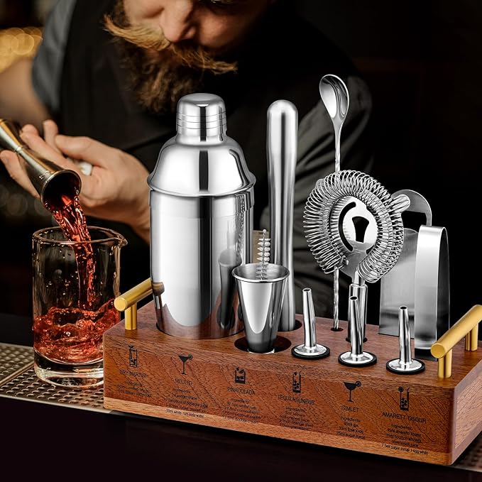 Cocktail Shaker Set Bartender Kit with Stand 24oz Martini Shaker,12-Piece Professional Bar Tool Set Drink Mixer Set with All Essential Bar Tools.