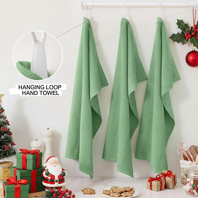 Homaxy Premium Kitchen Towels (18"x 28", 8 Pack), Large 100% Cotton Kitchen Hand Towels, Ultra Absorbent Ribbed Terry Tea Towels Set with Hanging Loop, Grass Green