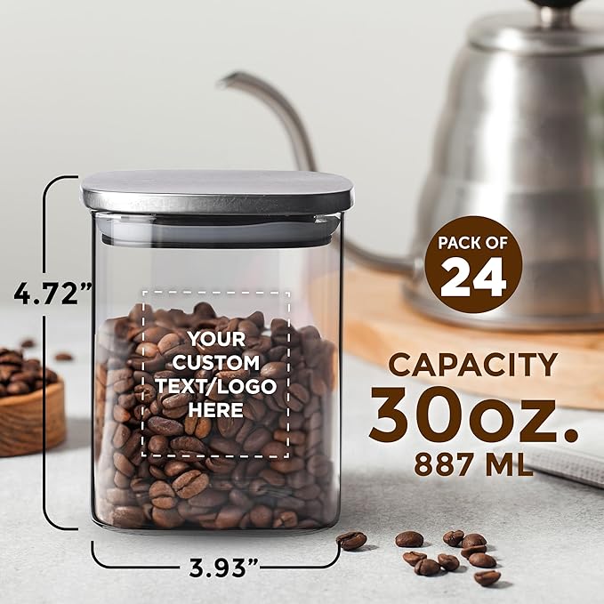 DISCOUNT PROMOS Custom Branson 30 oz. Square Storage Jars Set of 24, Personalized Bulk Pack - Durable Kitchen Organization, Home Decor Essentials, Food Storage Solutions - Clear
