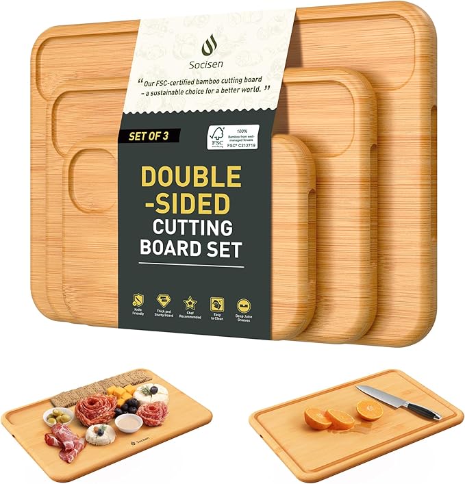 3 Packs Bamboo Cutting Board Set Non Toxic Wood Cutting Boards for Kitchen with Juice Grooves Built-in Handles, Ideal Charcuterie & Chopping for Meat Vegetables Fruits Kitchen Gift for Home Cooks