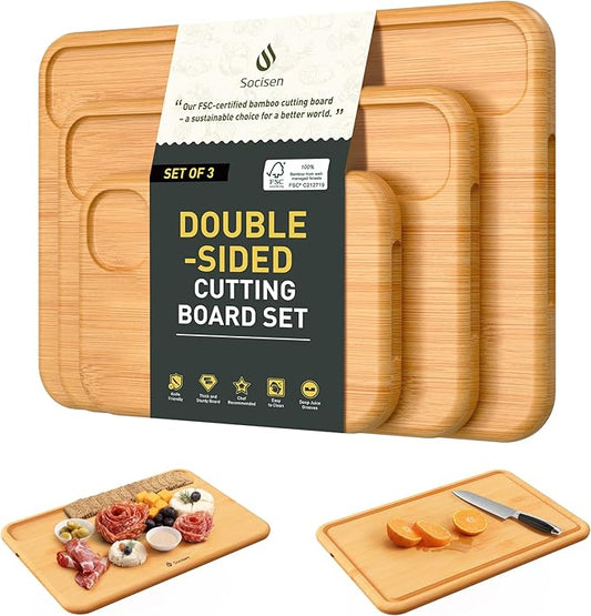 3 Packs Bamboo Cutting Board Set Non Toxic Wood Cutting Boards for Kitchen with Juice Grooves Built-in Handles, Ideal Charcuterie & Chopping for Meat Vegetables Fruits Kitchen Gift for Home Cooks