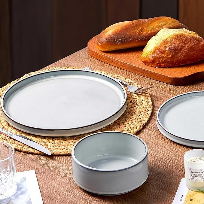 LIANYU 18 Piece Dinnerware Sets for 6, Stoneware Dinner Plates and Bowls Set, Dishware Dish for Home Kitchen Dining, Rustic Terracotta Bottom, Dishwasher & Microwave Safe, Lucent White