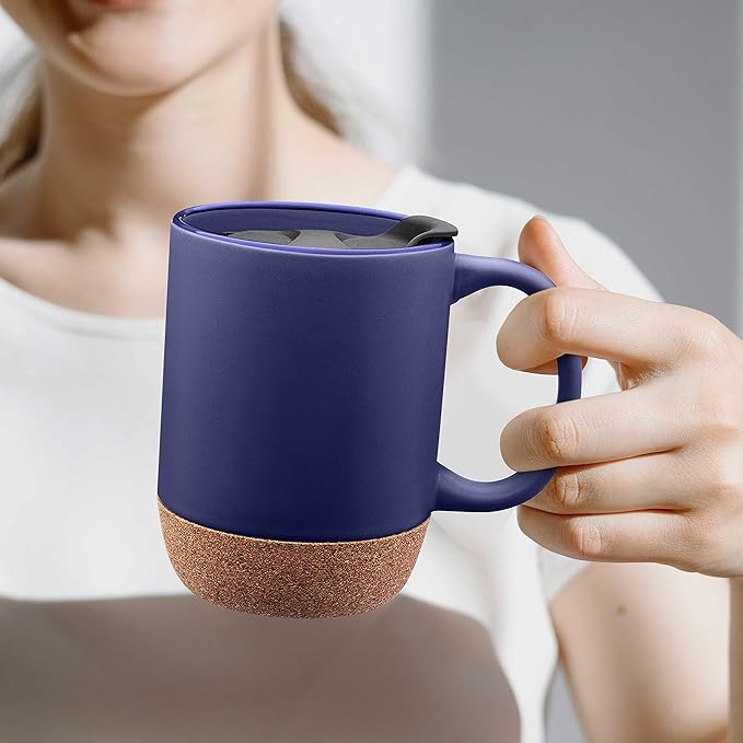 DISCOUNT PROMOS Barista Ceramic Mugs with Cork Bottom 13 oz. Set of 12, Bulk Pack - Perfect for Coffee, Tea, Espresso, Hot Cocoa, Other Beverages - Blue