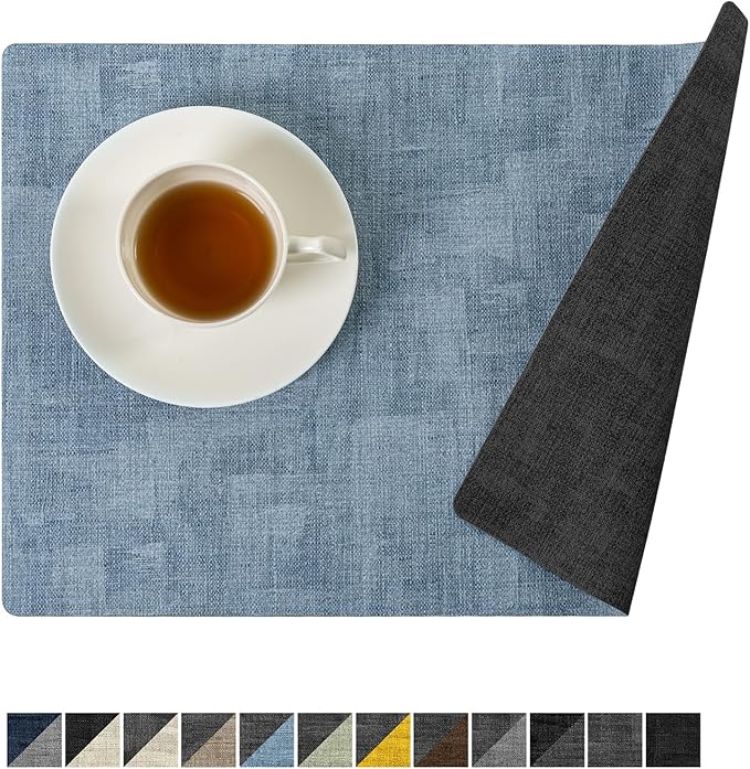 Romanstile Reversible Vinyl Placemats Set of 4, Faux Leather 100% Waterproof Oil-Proof Wipeable Place Mats, Heat Resistant Dual Sided Table Mats for Kitchen/Dining/Party (Grey Sky Blue, 12 x 17 Inch)