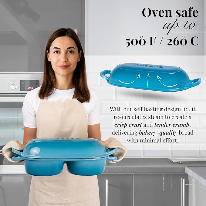 Dutch Oven For Sourdough Bread Baking – Enamelled Cast Iron Bread Loaf Pot – 500°F Oven Safe Non Stick Bread Pot – Double Round Loaf Space, 16.5cm Diameter, Light Blue, – by Nuovva