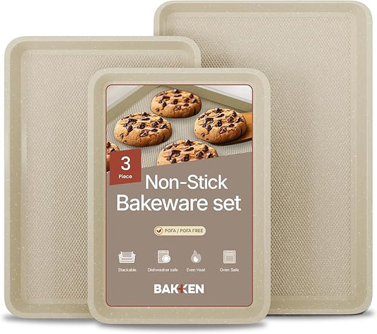 BAKKEN Kitchen Baking Pan - Small, Medium, and Large Cookie Pan (13.58×9.65, 15.75×11, 17.91×12.60), Nonstick, Diamond Texture Bottom, PFOA, PFOS, PTFE Free, Oven Safe (450°F), Pack of 3, White Marble