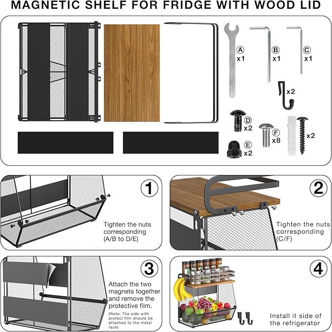 Magnetic Shelf for Fridge with Wood Lid, Extra-Large Capacity Magnetic Spice Rack for Refrigerator Kitchen Storage Bin for Fruit, Onion, Potatoes, Storage Organizer for Counter & Cabinet, Mesh Basket
