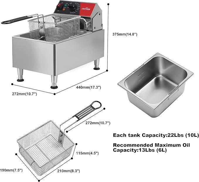 CROSSON ETL Listed 13Lbs Electric Deep Fryer Countertop with Easy-assembling Solid Basket,Removeable Oil Container for Restaurant Home Use-120V,1800W Commercial Deep Fryer