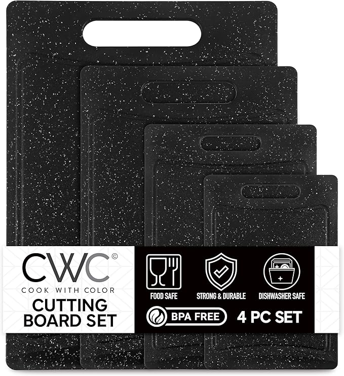 COOK WITH COLOR Non-Slip Cutting Board Set – Kitchen Essentials with Easy Grip Handle for Meat, Veggies, and Fruits, 4 Cutting Boards, Black