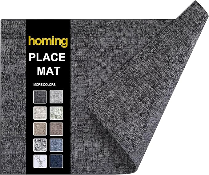 homing Faux Leather Heat Resistant Placemats 6 Packs, Waterproof Wipeable Dining PU Place Mats for Indoor & Outdoor, Easy to Clean, Charcoal