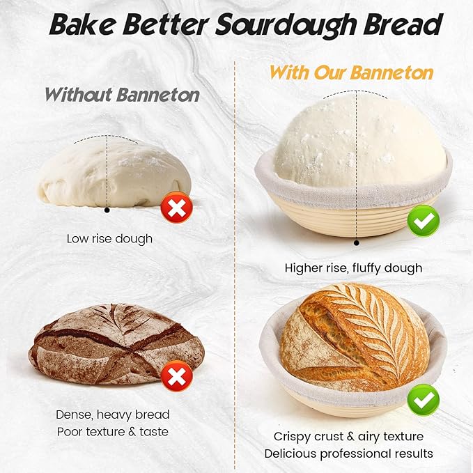 Banneton Bread Proofing Basket Set - Sourdough Starter Kit with 10" Round & 9" Oval Baskets, Linen Liners, Dough Whisk & Sourdough Bread Baking Supplies for Artisan Bread Making