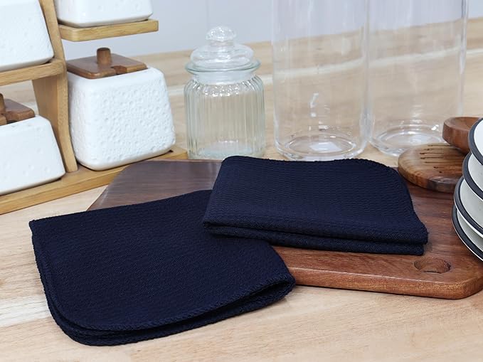 PurpleEssences Dish Cloths and Dish Rags - 6 Pack Waffle Weave Solid Kitchen Dish Wash Cloths, 100% Cotton, 12 x 12 Inches, Ultra Soft Absorbent Quick Drying - Christmas Holiday Winter - Navy Blue