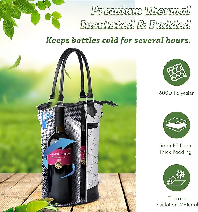 Tirrinia Insulated Wine Gift Carrier Tote - Travel Padded 2 Bottle Wine/Champagne Cooler Bag for Portable Wine Bottle Carrying Case, Women Men Wine Party Bag for Event,BYOB,Beach, Gift for Wine