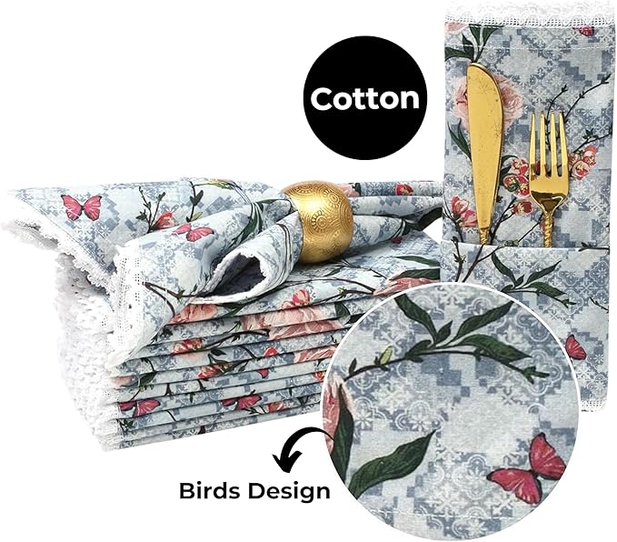 Bedding Craft Printed Cotton Dinner Napkins Set of 12 – 18x18 Lace Birds Design – Elegant & Reusable Fabric Table Napkins for Dining, Parties, Weddings & Everyday Use