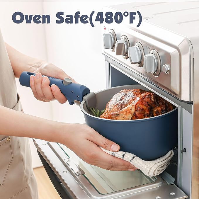 SENSARTE 17 Piece Ceramic Pots and Pans Set, Nonstick Detachable Handle Cookware, Induction Kitchen Cookware Set with Removable Handle, Dishwasher ＆ Oven Safe (Navy)