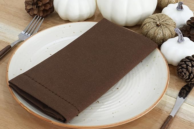 PurpleEssences Set of 12 Hemstitch Cloth Dinner Napkins 100% Cotton - Soft Durable Washable - Ideal for Wedding Christmas Holiday Winter - Perfect Everyday Use Table Linen 18x18 - Nut Brown