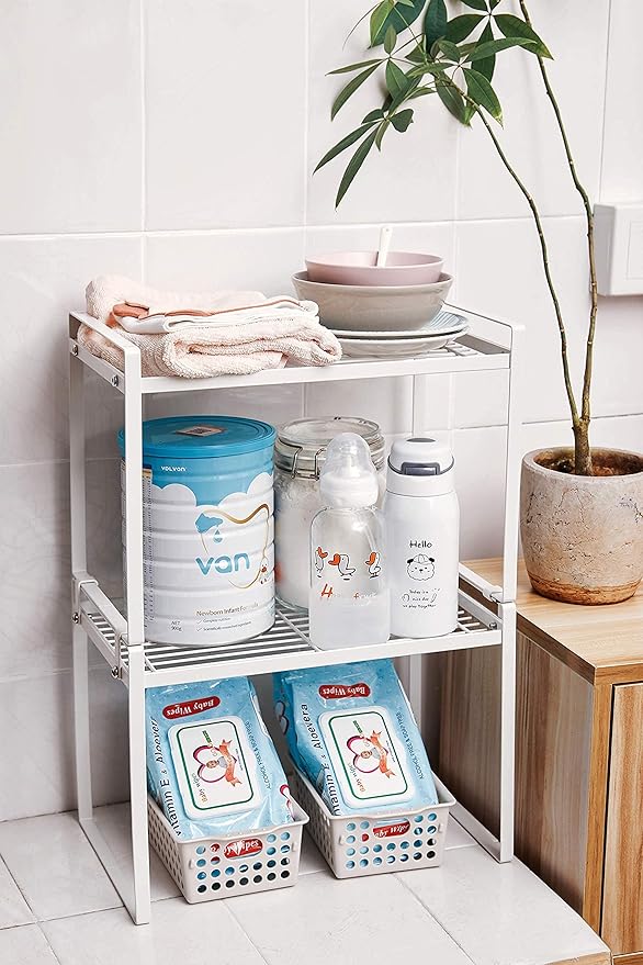 2pk Kitchen Cabinet Shelf Counter Organizer Rack Pantry Storage Bathroom Bedroom Office Table Desk Space Saving Steel Frame Stackable Rust Resistant Non Slip White-Tall- L13in W8.3in H9.5in