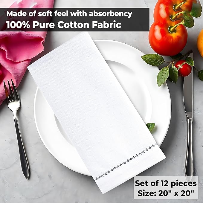 Urban Villa Cloth Napkin Set of 12 Hemstitch White Black 20x20 Inches Premium Soft Cotton Highly Absorbent Reusable & Washable Dinner Table Napkins for Home and Weddings