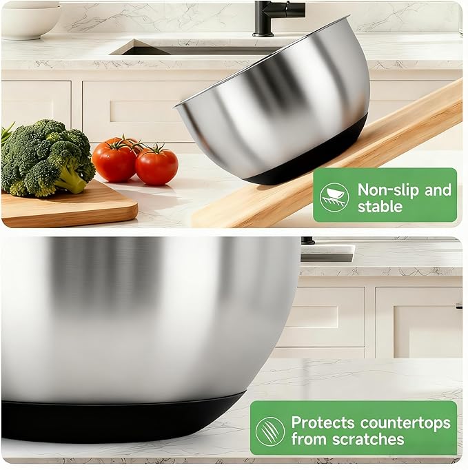 Mixing Bowls with Airtight Lids, Clear Lid with Valve, Stainless Steel Nesting Bowl Set, 3-Piece Bowls(1.5/3/5 QT), Measurement Marks, Non-Slip Silicone Base, Dishwasher Safe, Food Prep & Storage