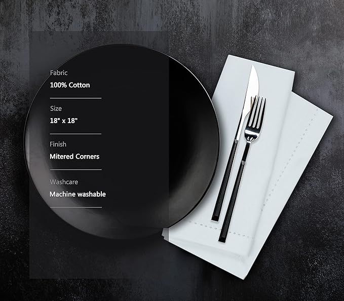 PurpleEssences Set of 12 Hemstitch Cloth Dinner Napkins 100% Cotton - Soft Durable Washable - Ideal for Wedding Fall Thanksgiving - Perfect Everyday Use Table Linen 18x18 - White