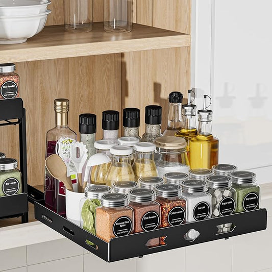 Pull Out Spice Rack Organizer for Cabinet, 1 Tier Heavy Duty Spice Rack, Vertical Spice Rack for Kitchen Cabinet and Pantry (12.6''Wx10.5''Dx2.8''H, Metal Black)
