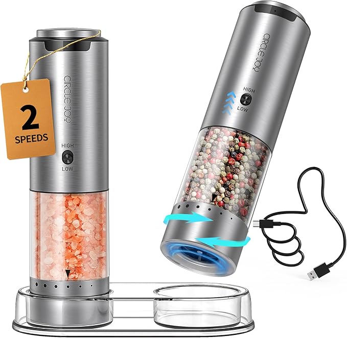 CIRCLE JOY Electric Salt and Pepper Grinder Set Stainless Steel Rechargeable Salt and Pepper Grinder Set, Variable Grinding Speed, External Adjustable Coarseness, Storage Base, White LED Light, Silver