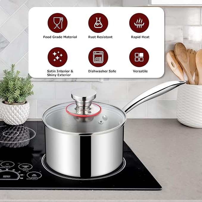 Saucepan Set of 6, Homikit 1QT & 2QT & 3QT 18/10 Stainless Steel Sauce Pans with Lids, Nonstick Tri-Ply Bottom Induction Compatible Small Cooking Pot kitchen Cookware Set, Dishwasher & Oven Safe