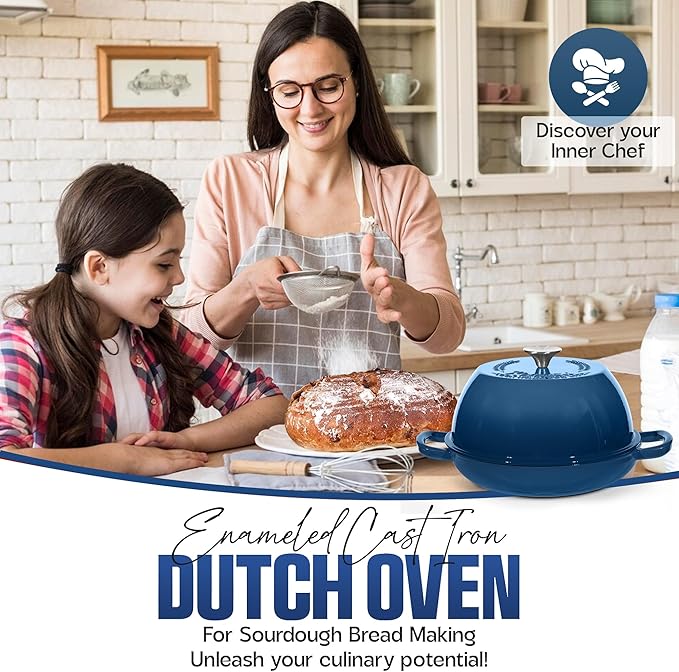 Enameled Cast Iron Dutch Oven Pot with Lid - Dutch Oven for Sourdough Bread Baking - With 5 Blade Bread Lame & Non-Stick Silicone Sling perfect for Sourdough Breads & more. Cast Iton Enamel Braiser Pan with Lid (BLUE, 6 Quart Sourdough Pot)