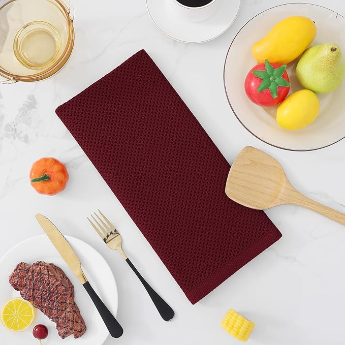 Homaxy 100% Cotton Waffle Weave Kitchen Dish Towels, Ultra Soft Absorbent Quick Drying Cleaning Towel, 13 x 28 Inches, 12-Pack, Burgundy
