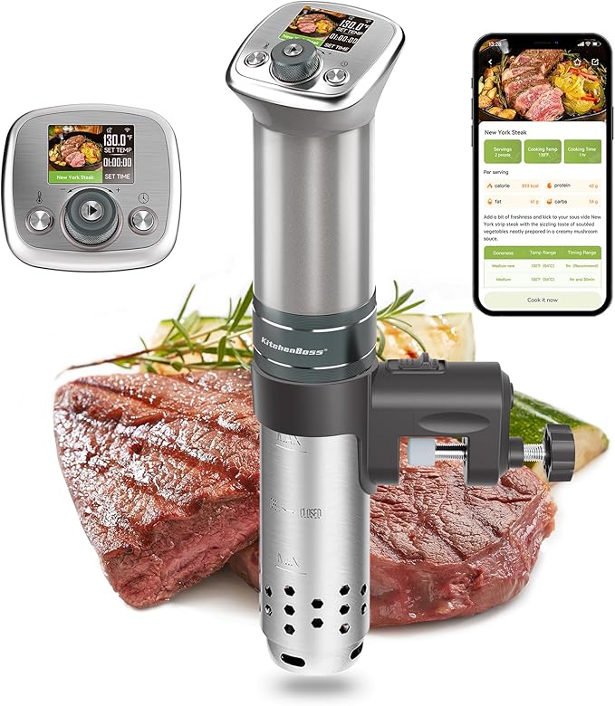 KitchenBoss WiFi Sous Vide Cooker: Ultra-quiet Sous Vide Machine Built-in TFT Color Display Recipes, 1100W Sous Vide Immersion Circulator Accurate Temp Waterproof Magnetic Knob APP Control, Silver