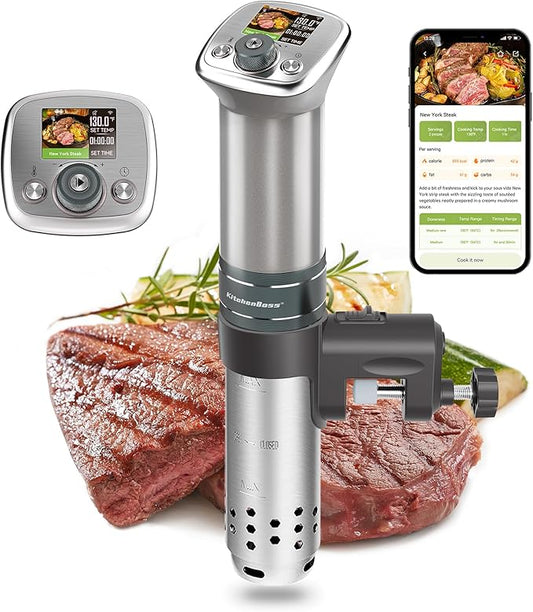 KitchenBoss WiFi Sous Vide Cooker: Ultra-quiet Sous Vide Machine Built-in TFT Color Display Recipes, 1100W Sous Vide Immersion Circulator Accurate Temp Waterproof Magnetic Knob APP Control, Silver